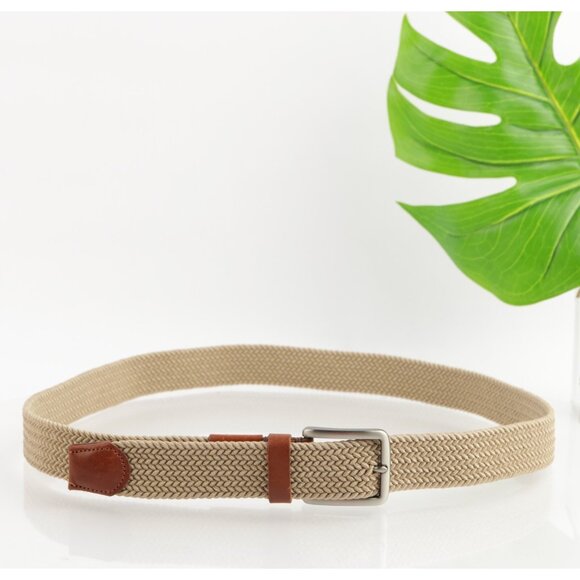 Tommy Bahama Mens Belt Size L / XL Large Khaki Elastic Webbed Brown Leather Tip - Picture 1 of 11